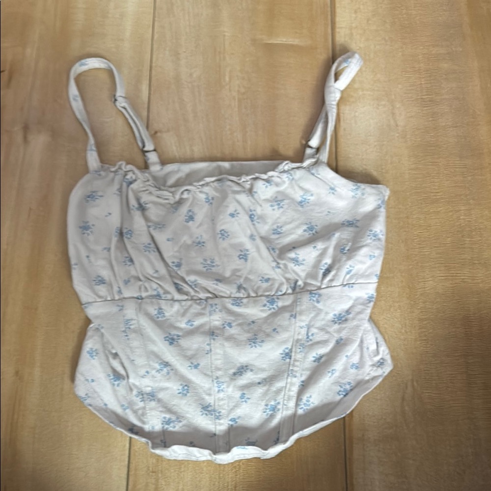 Hollister Cream Tank Top with Blue Floral Design